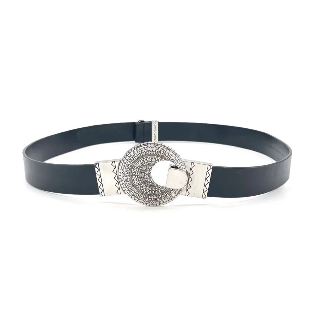 Chico’s Black Genuine Leather Belt SM Silver Round Medallion Buckle Boho Tribal